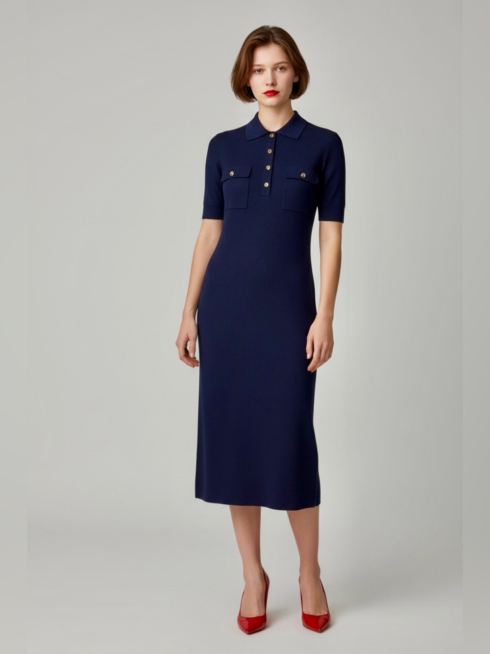 Fendi Navy Short-Sleeve Polo Midi Dress with Button Placket